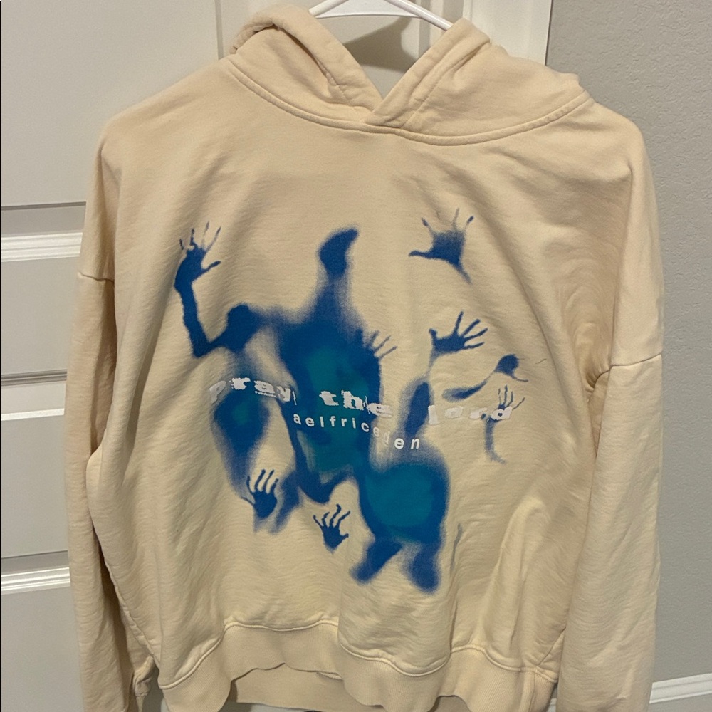Aelfric Eden Beige Hoodie with Blue Handprint Design
